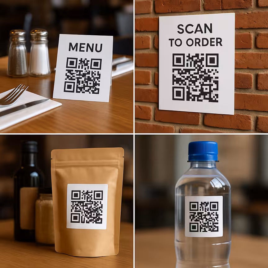 Forskellige QR-koder på restaurantborde, plakater og produktemballage