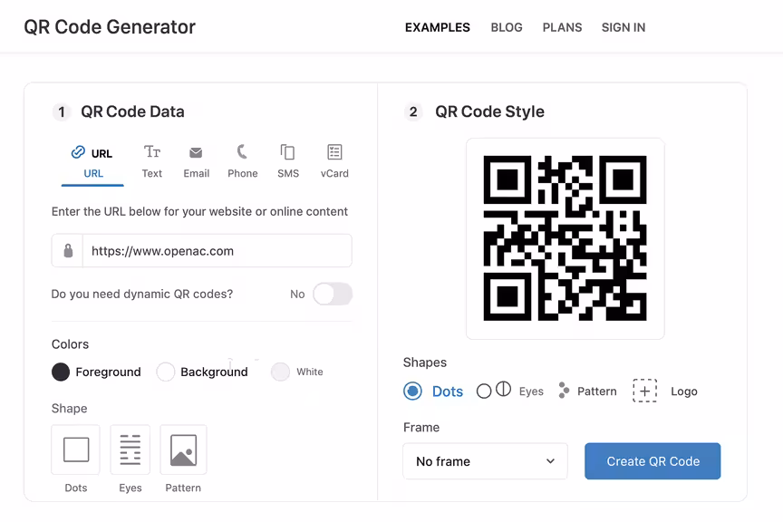 Screenshot af QR-kode generator interface, der viser muligheder for at oprette brugerdefinerede QR-koder