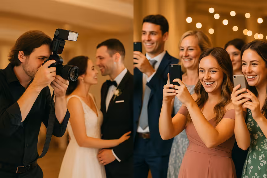 Delt billede viser professionel bryllupsfotograf til venstre tager poserede billeder, og bryllupsgæster til højre tager spontane fotos med telefoner